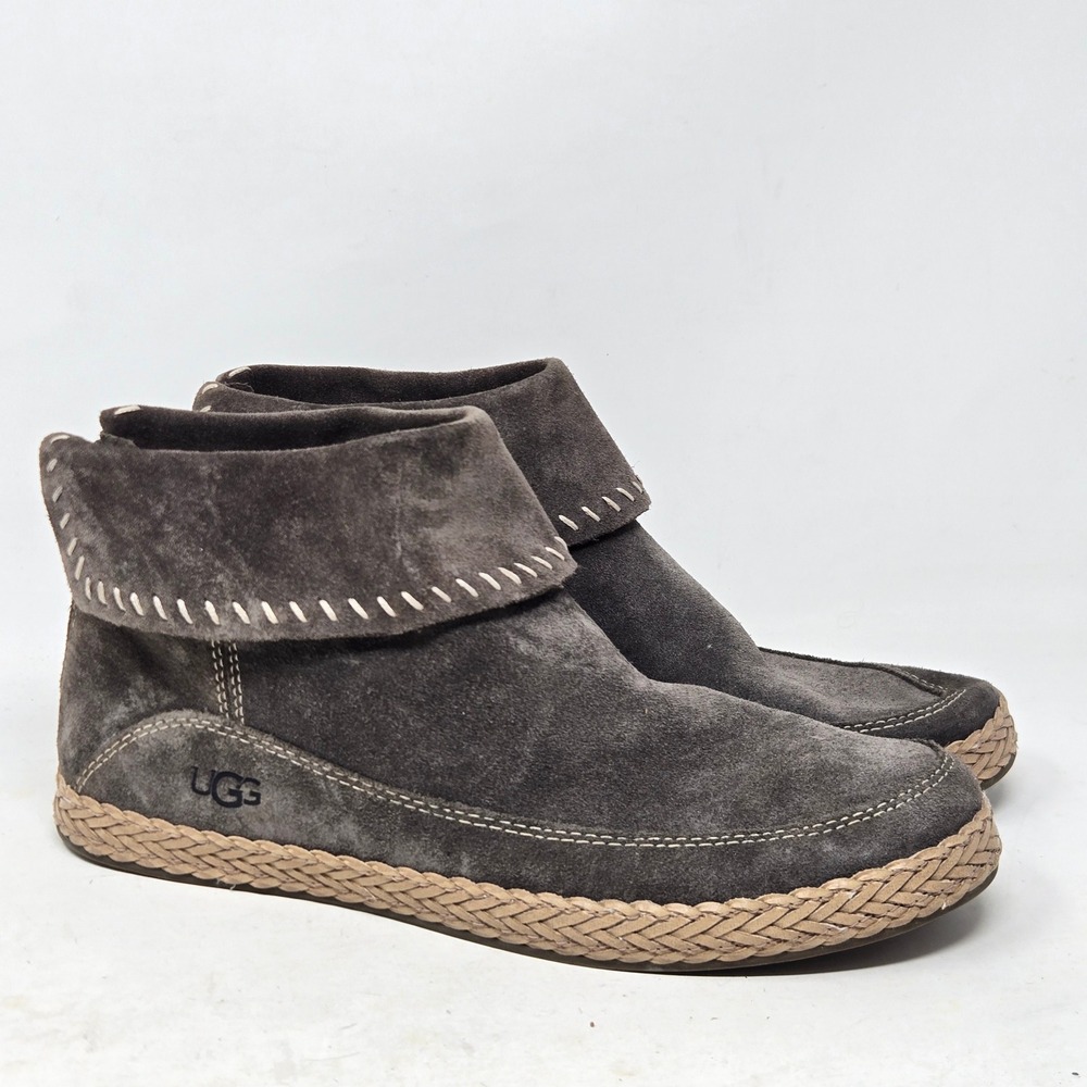 UGG Varney Gray Suede Braided Espadrille Ankle Boots Whipstitch Womens 8.5